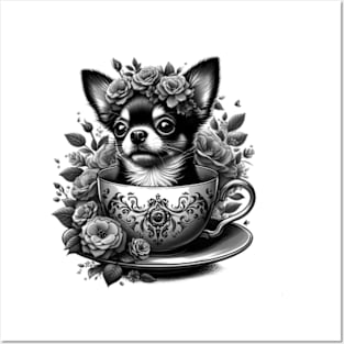 chihuahua peeking dog out from a teacup, surrounded by delicate flowers Posters and Art